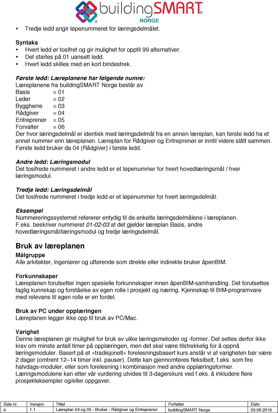 Første ledd: Læreplanene har følgende numre: Læreplanene fra buildingsmart Norge består av Basis = 01 Leder = 02 Byggherre = 03 Rådgiver = 04 Entreprenør = 05 Forvalter = 06 Der hvor læringsdelmål er