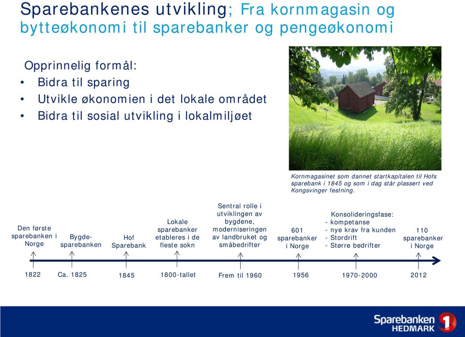 Den første sparebanken i Norge Bygdesparebanken Hof Sparebank Lokale sparebanker etableres i de fleste sokn Sentral rolle i utviklingen av bygdene, moderniseringen av landbruket