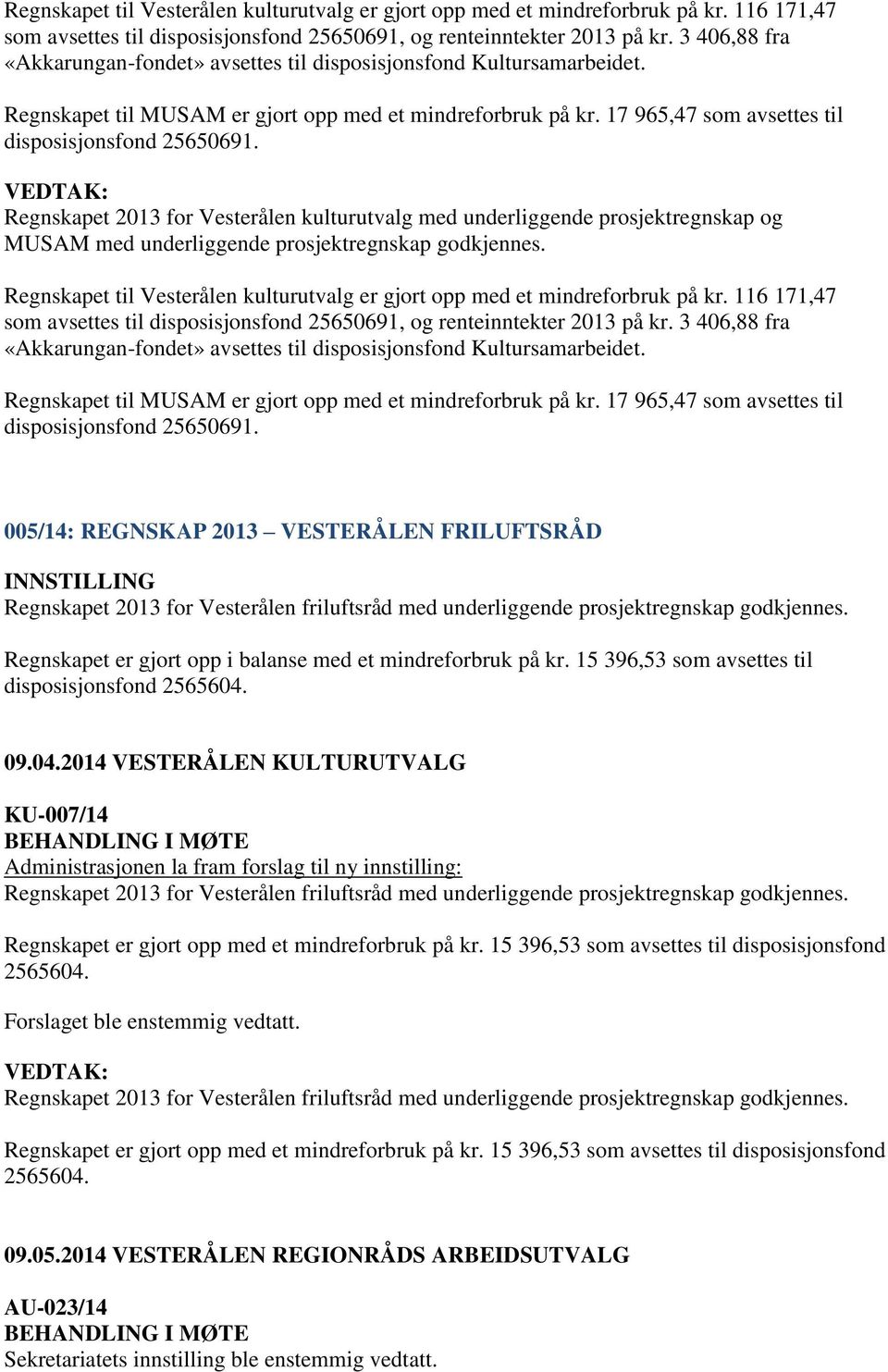 Regnskapet 2013 for Vesterålen kulturutvalg med underliggende prosjektregnskap og MUSAM med underliggende prosjektregnskap godkjennes.