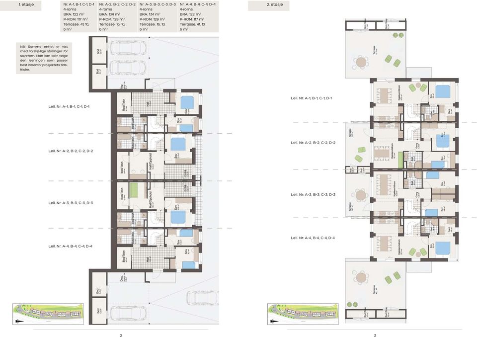 A-4, B-4, C-4, D-4 BRA: 122 m 2 P-ROM: 117 m 2 Terrasse: 41, 10, 2. etasje NB!