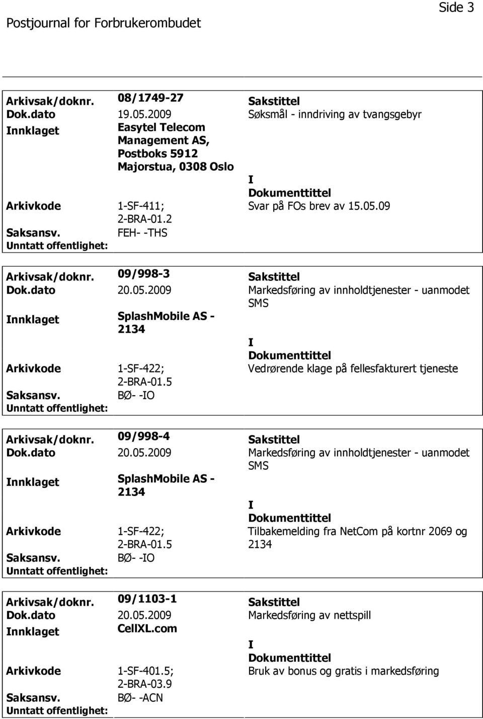 5 Vedrørende klage på fellesfakturert tjeneste BØ- -O Arkivsak/doknr. 09/998-4 Sakstittel Dok.dato 20.05.