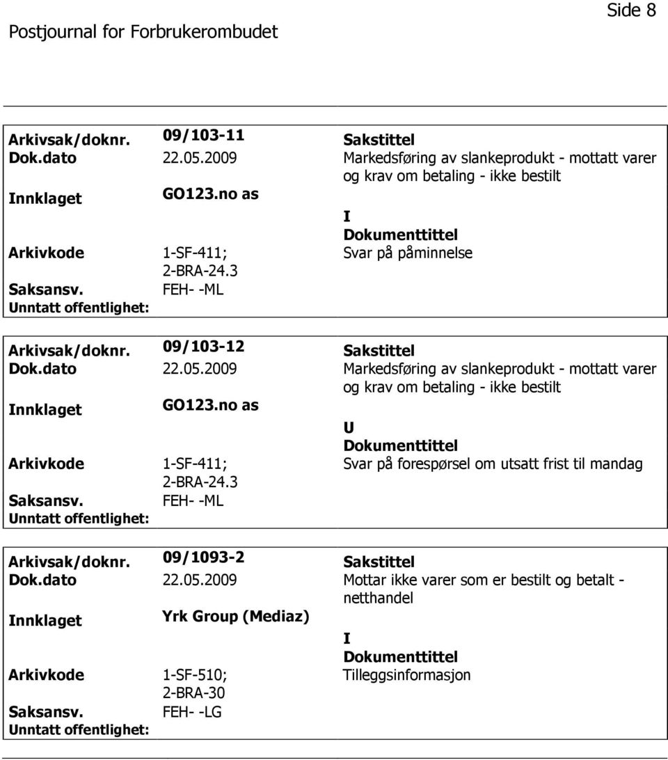 2009 Markedsføring av slankeprodukt - mottatt varer og krav om betaling - ikke bestilt nnklaget GO123.no as 1-SF-411; 2-BRA-24.