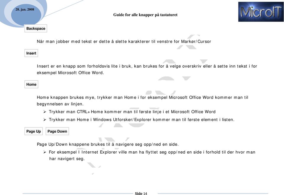 Trykker man CTRL+Home kommer man til første linje i et Microsoft Office Word Trykker man Home i Windows Utforsker/Explorer kommer man til første element i listen.