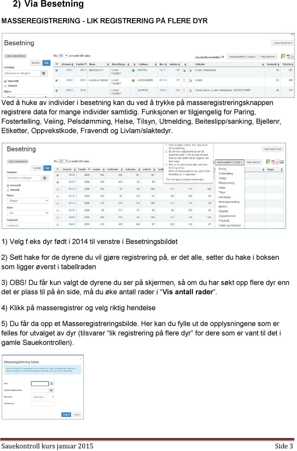 eks dyr født i 2014 til venstre i Besetningsbildet 2) Sett hake for de dyrene du vil gjøre registrering på, er det alle, setter du hake i boksen som ligger øverst i tabellraden 3) OBS!