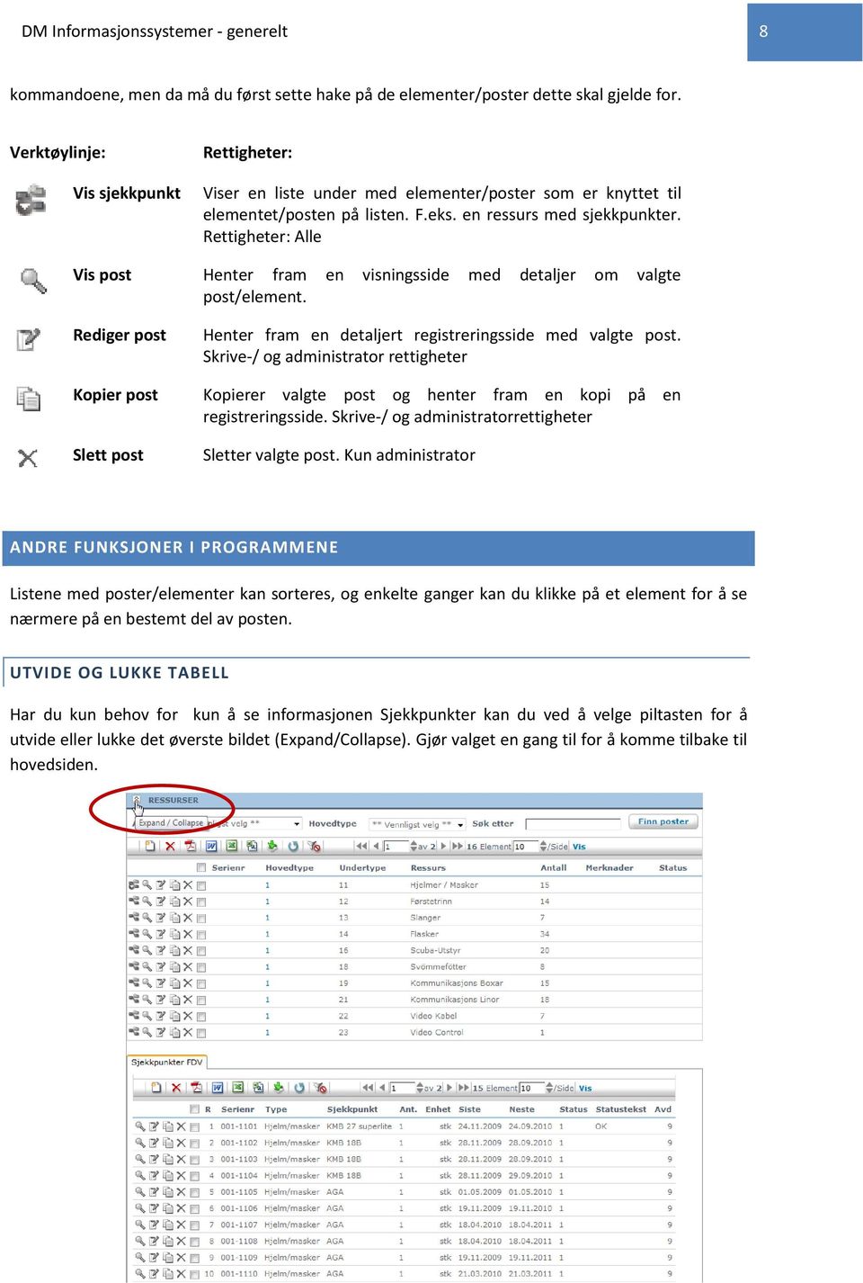 Rettigheter: Alle Vis post Henter fram en visningsside med detaljer om valgte post/element. Rediger post Henter fram en detaljert registreringsside med valgte post.