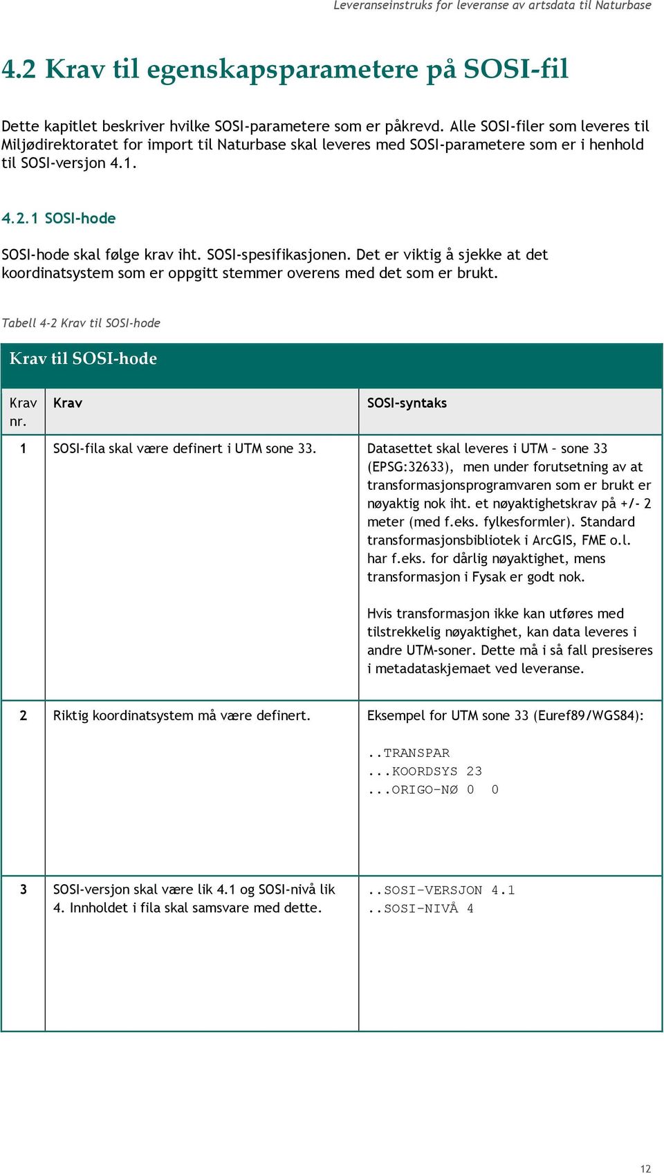 SOSI-spesifikasjonen. Det er viktig å sjekke at det koordinatsystem som er oppgitt stemmer overens med det som er brukt. Tabell 4-2 til SOSI-hode til SOSI-hode nr.