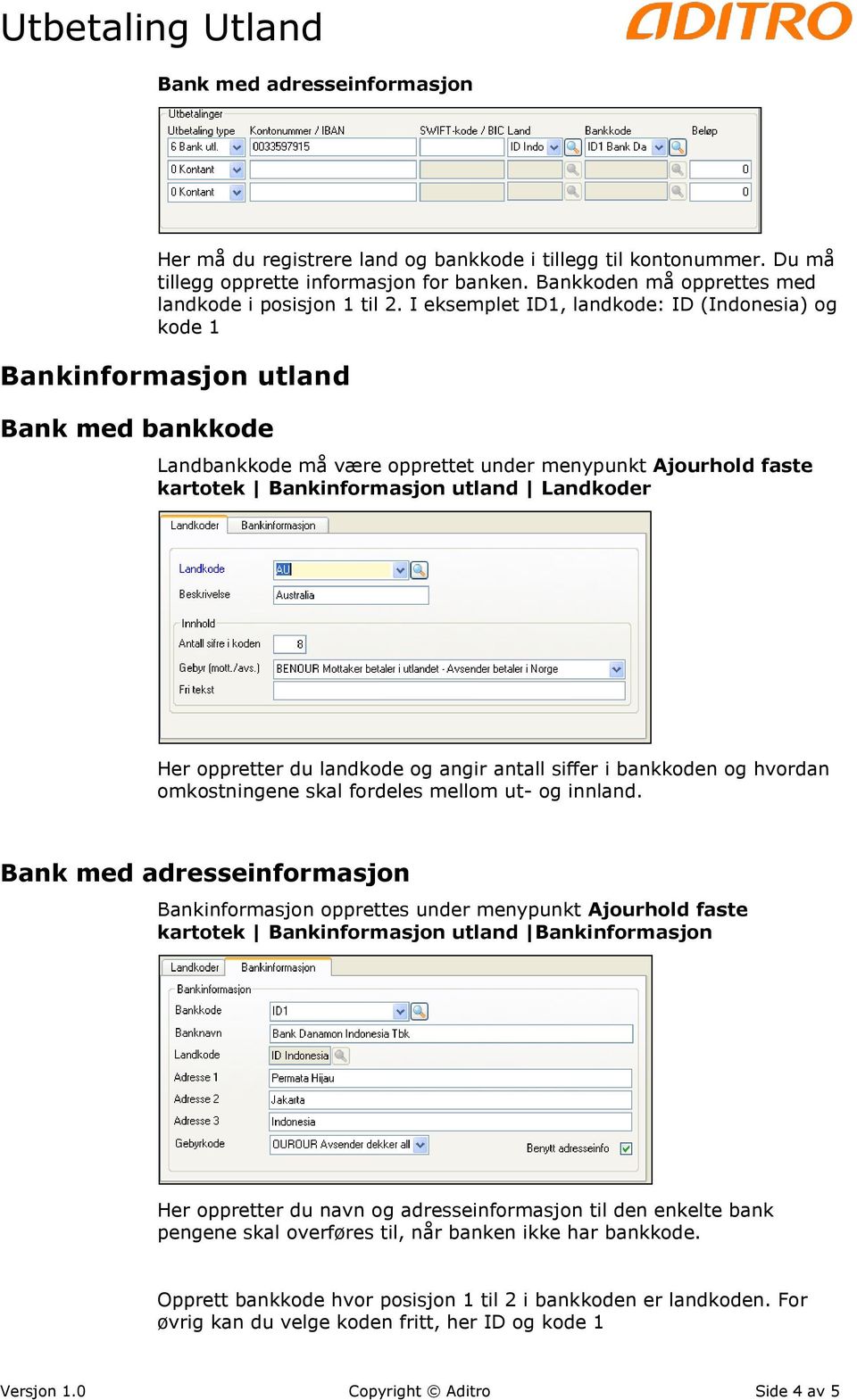 Her oppretter du landkode og angir antall siffer i bankkoden og hvordan omkostningene skal fordeles mellom ut- og innland.