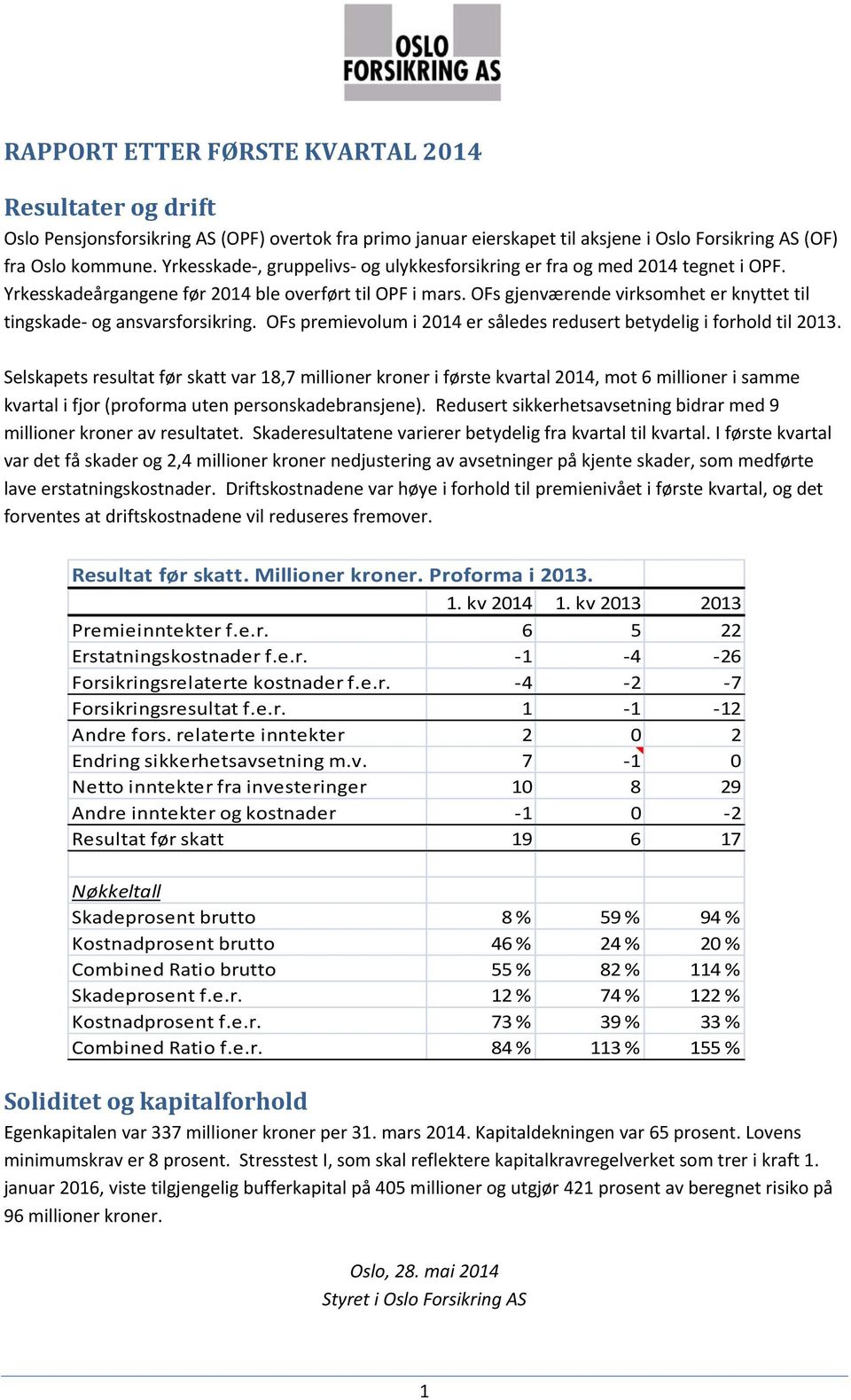 OFs gjenværende virksomhet er knyttet til tingskade- og ansvarsforsikring. OFs premievolum i 2014 er således redusert betydelig i forhold til 2013.