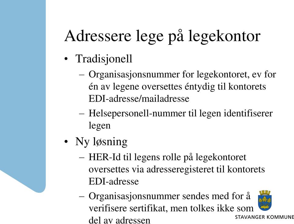 legen Ny løsning HER-Id til legens rolle på legekontoret oversettes via adresseregisteret til kontorets