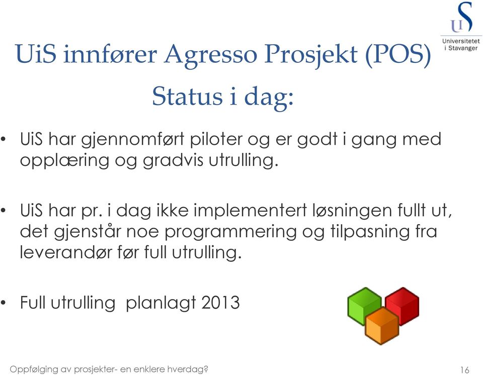 i dag ikke implementert løsningen fullt ut, det gjenstår noe programmering og