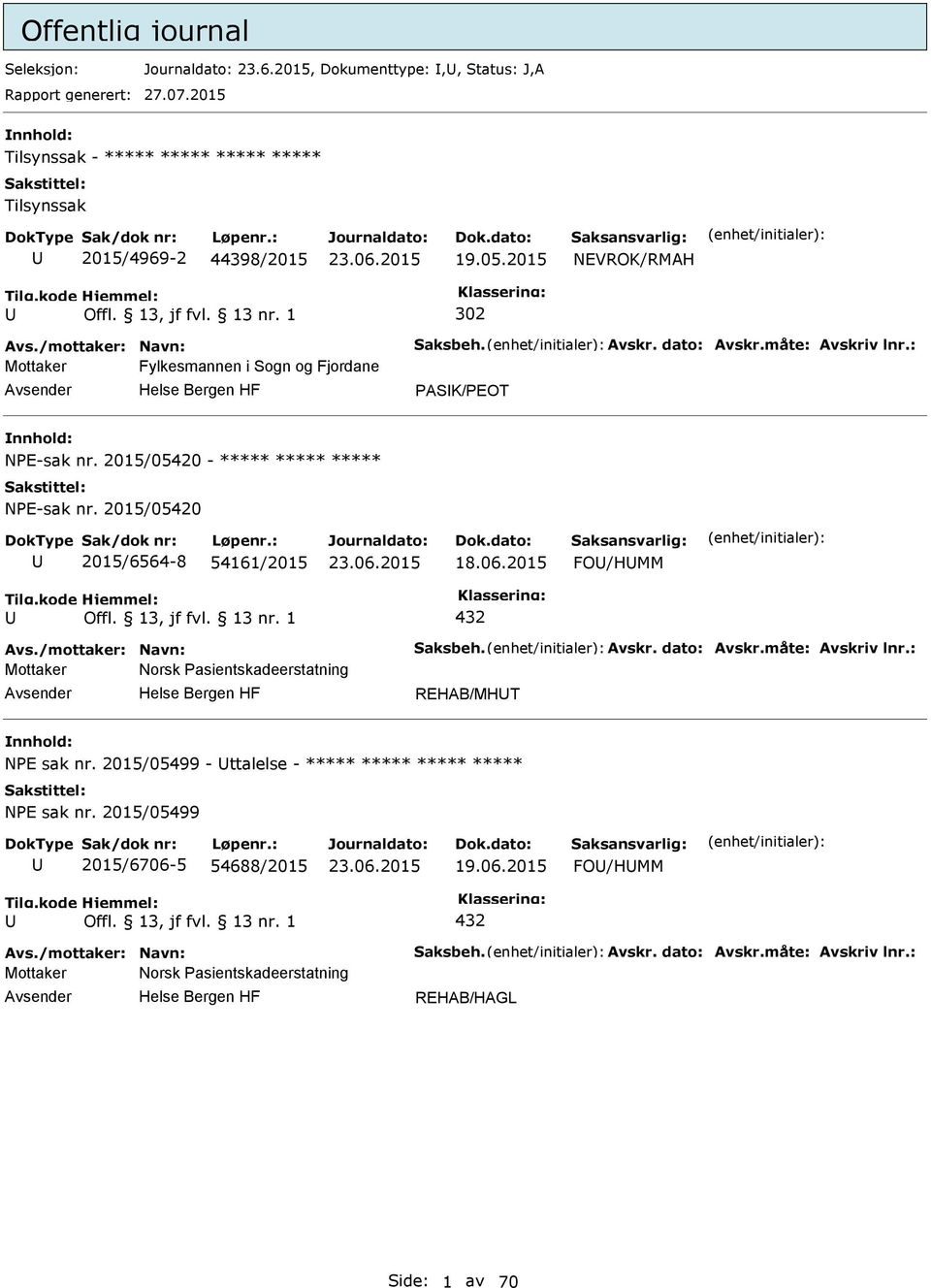 2015/05420 2015/6564-8 54161/2015 18.06.2015 FO/HMM 432 Avs./mottaker: Navn: Saksbeh. Avskr. dato: Avskr.måte: Avskriv lnr.: Mottaker Norsk asientskadeerstatning REHAB/MHT NE sak nr.