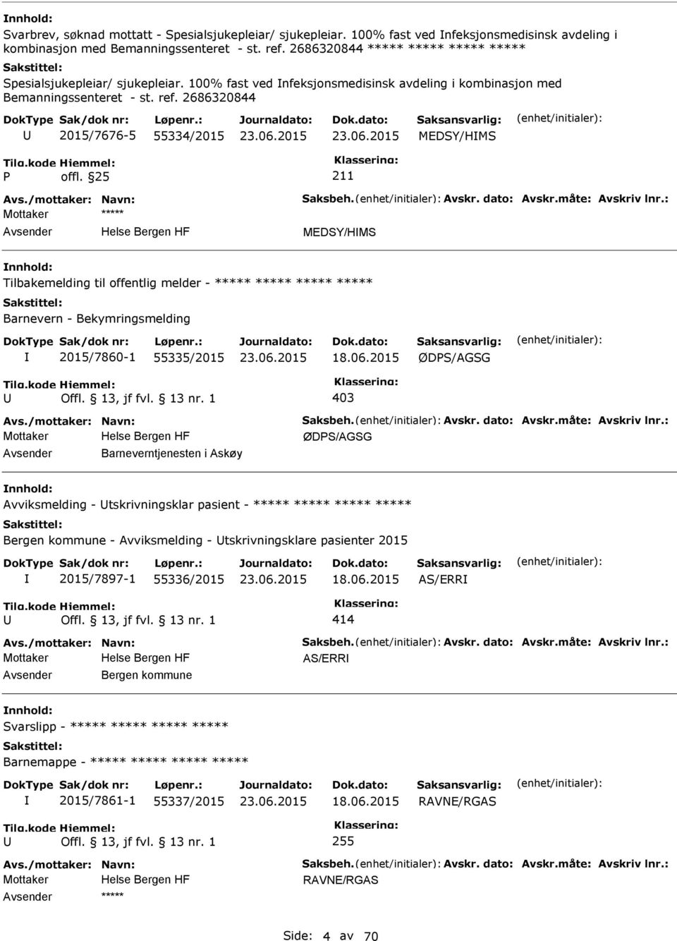 2686320844 2015/7676-5 55334/2015 MEDSY/HMS Avs./mottaker: Navn: Saksbeh. Avskr. dato: Avskr.måte: Avskriv lnr.