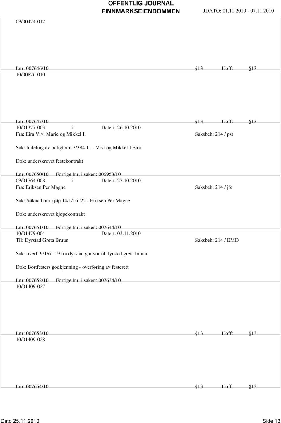 Forrige lnr. i saken: 006953/10 09/01764-008 i Datert: 27.10.2010 Fra: Eriksen Per Magne Sak: Søknad om kjøp 14/1/16 22 - Eriksen Per Magne Dok: underskrevet kjøpekontrakt Lnr: 007651/10 Forrige lnr.