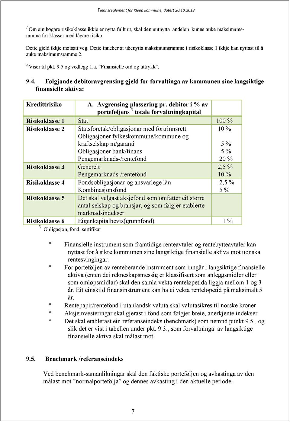 Følgjande debitoravgrensing gjeld for forvaltinga av kommunen sine langsiktige finansielle aktiva: Kredittrisiko A. Avgrensing plassering pr.