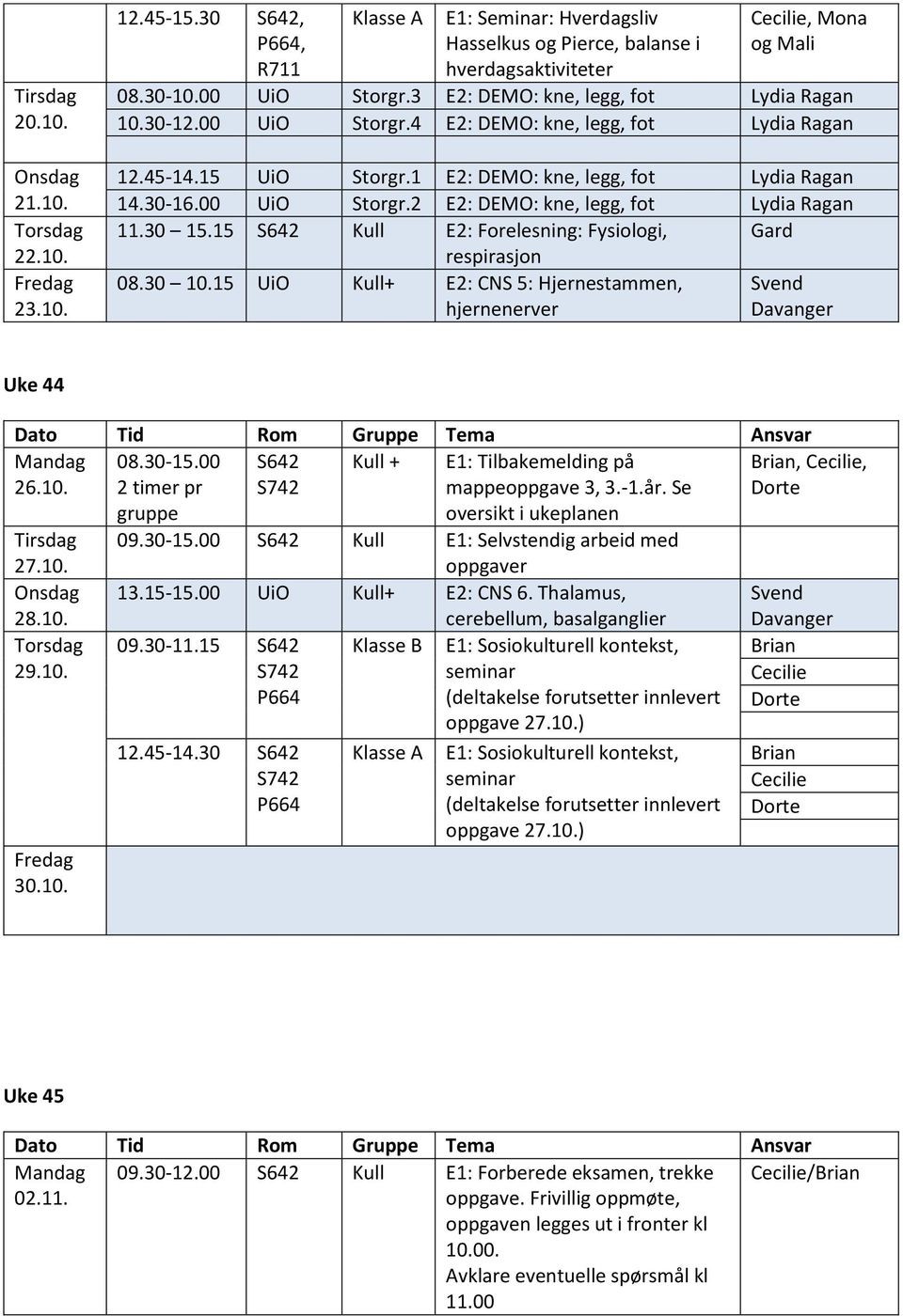 30 15.15 S642 Kull E2: Forelesning: Fysiologi, Gard respirasjon 08.30 10.15 UiO Kull+ E2: CNS 5: Hjernestammen, hjernenerver Uke 44 26.10. 08.30-15.