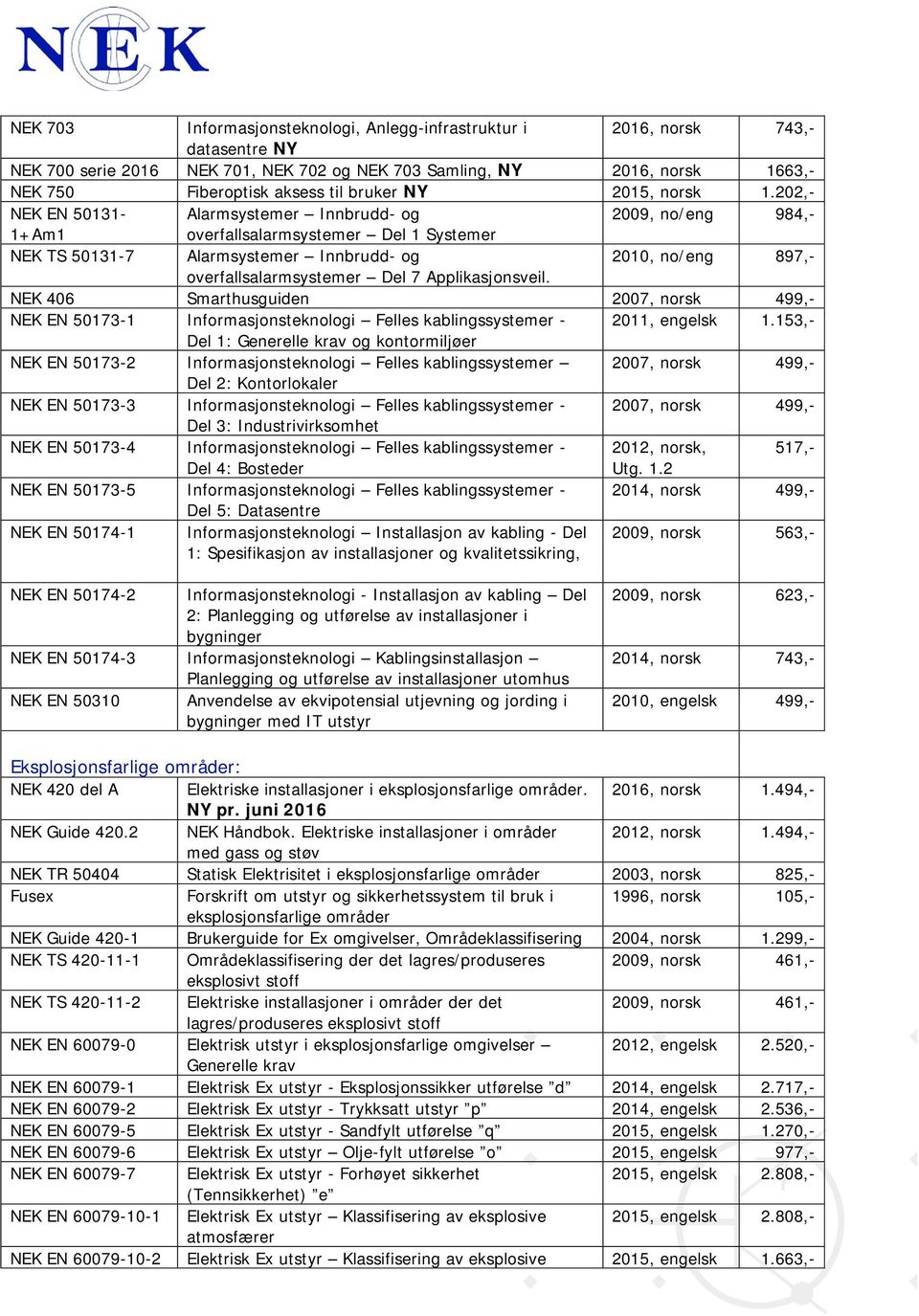 202,- NEK EN 50131- Alarmsystemer Innbrudd- og 2009, no/eng 984,- 1+Am1 overfallsalarmsystemer Del 1 Systemer NEK TS 50131-7 Alarmsystemer Innbrudd- og 2010, no/eng 897,- overfallsalarmsystemer Del 7