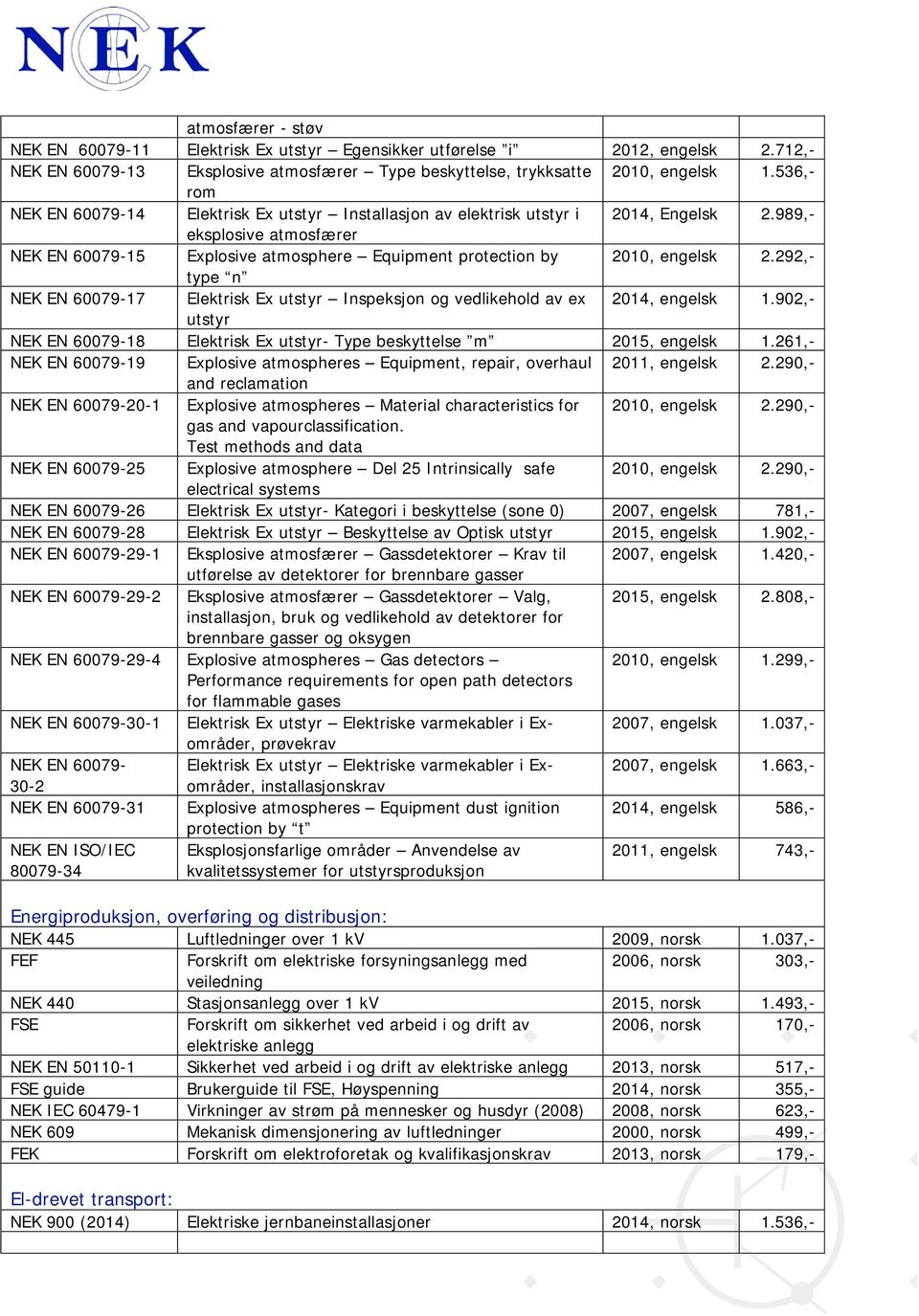 989,- eksplosive atmosfærer NEK EN 60079-15 Explosive atmosphere Equipment protection by 2010, engelsk 2.