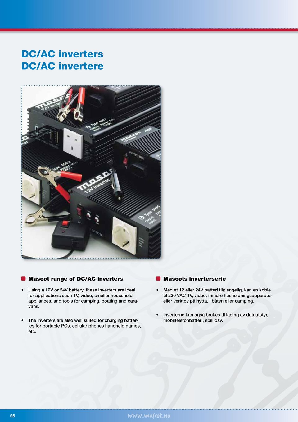 The inverters are also well suited for charging batteries for portable PCs, cellular phones handheld games, etc.