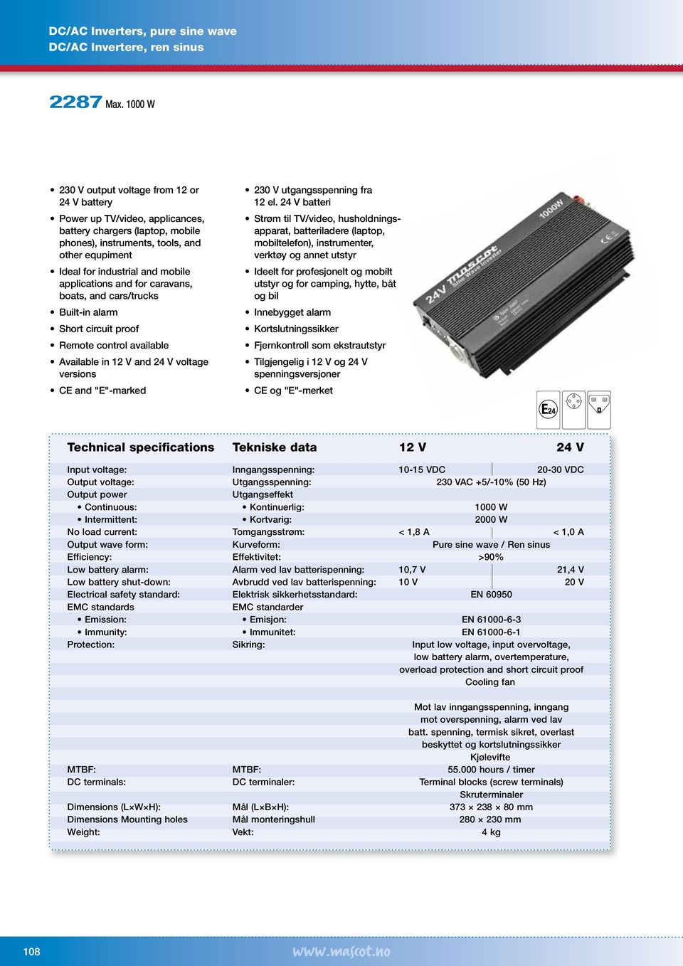 applications and for caravans, boats, and cars/trucks Remote control available voltage versions 230 V utgangsspenning fra 12 el.