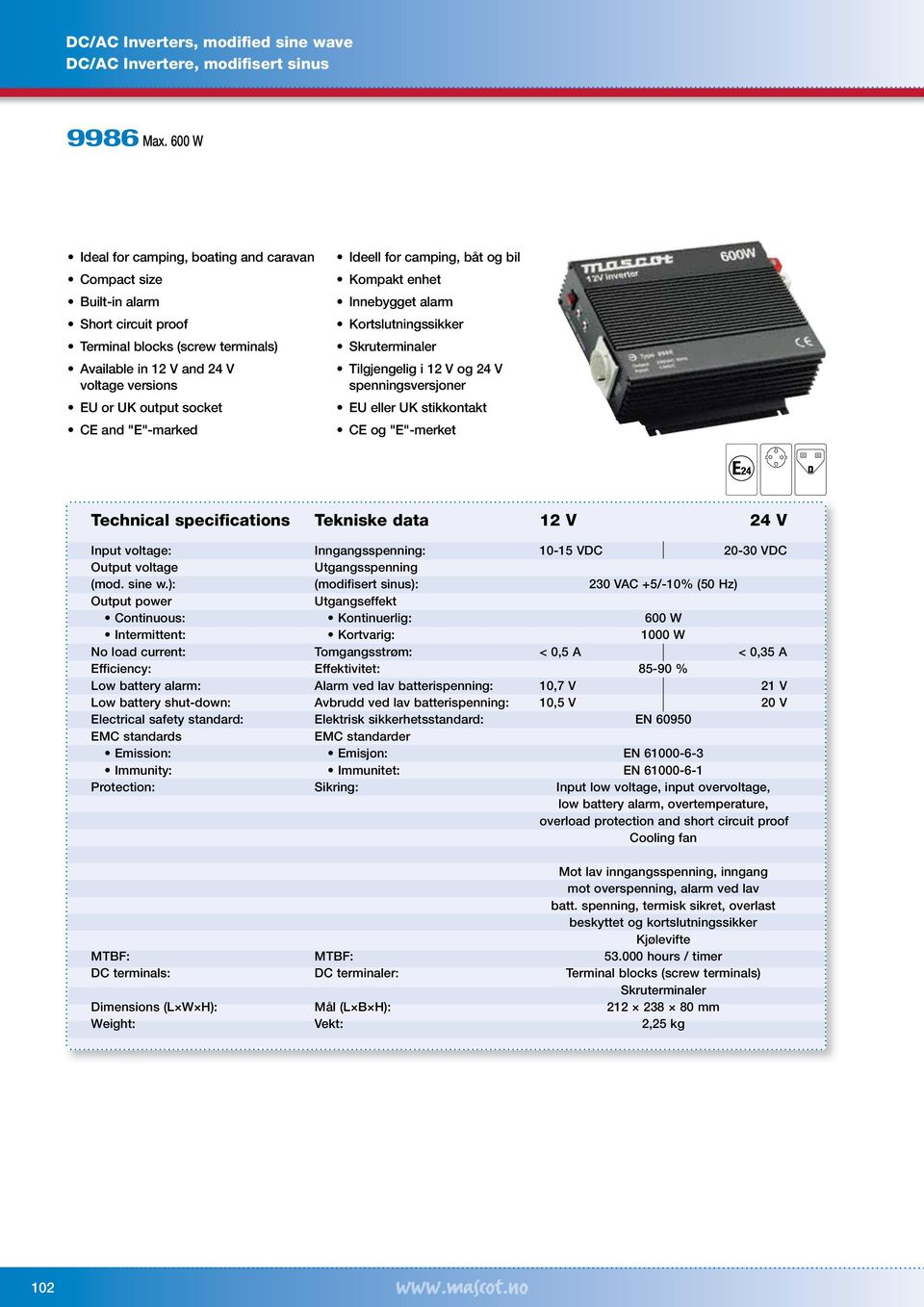 Output voltage Utgangsspenning (mod. sine w.