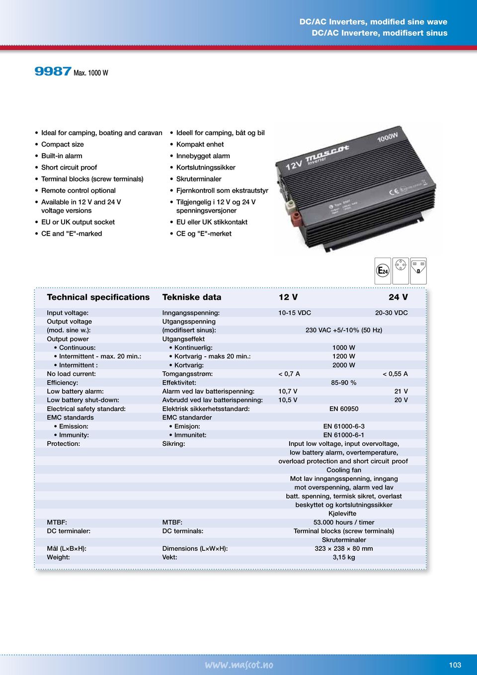 Fjernkontroll som ekstrautstyr EU eller UK stikkontakt Output voltage Utgangsspenning (mod. sine w.): (modifisert sinus): 230 VAC +5/-10% (50 Hz) Continuous: Kontinuerlig: 1000 W Intermittent - max.