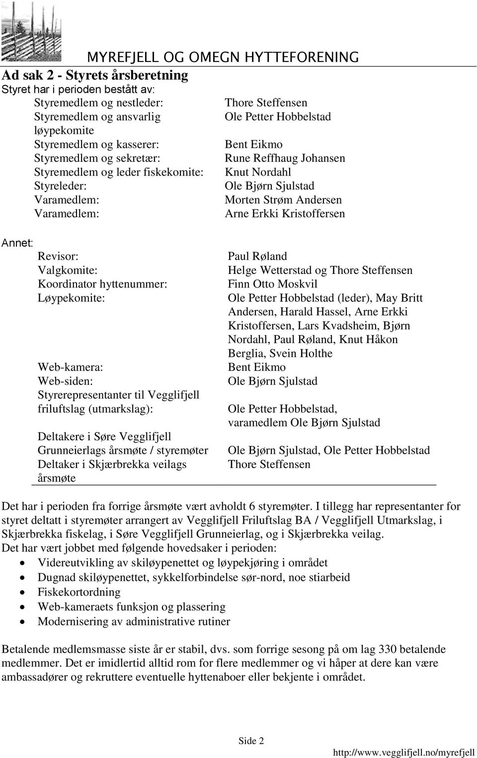 Kristoffersen Annet: Revisor: Valgkomite: Koordinator hyttenummer: Løypekomite: Web-kamera: Web-siden: Styrerepresentanter til Vegglifjell friluftslag (utmarkslag): Deltakere i Søre Vegglifjell