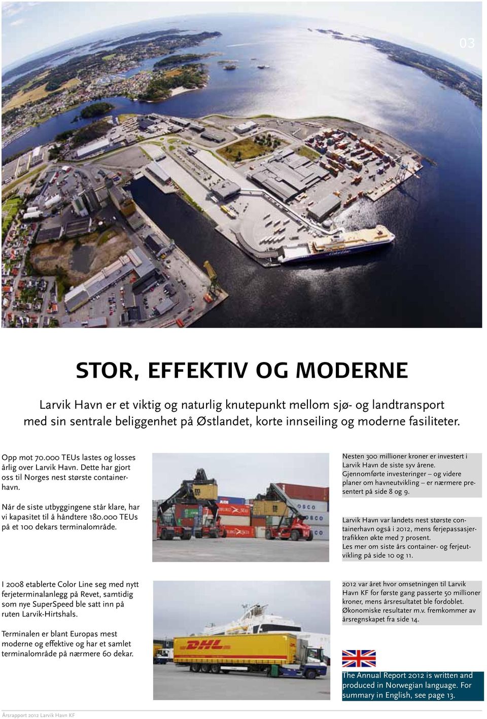 000 TEUs på et 100 dekars terminalområde. Nesten 300 millioner kroner er investert i Larvik Havn de siste syv årene.