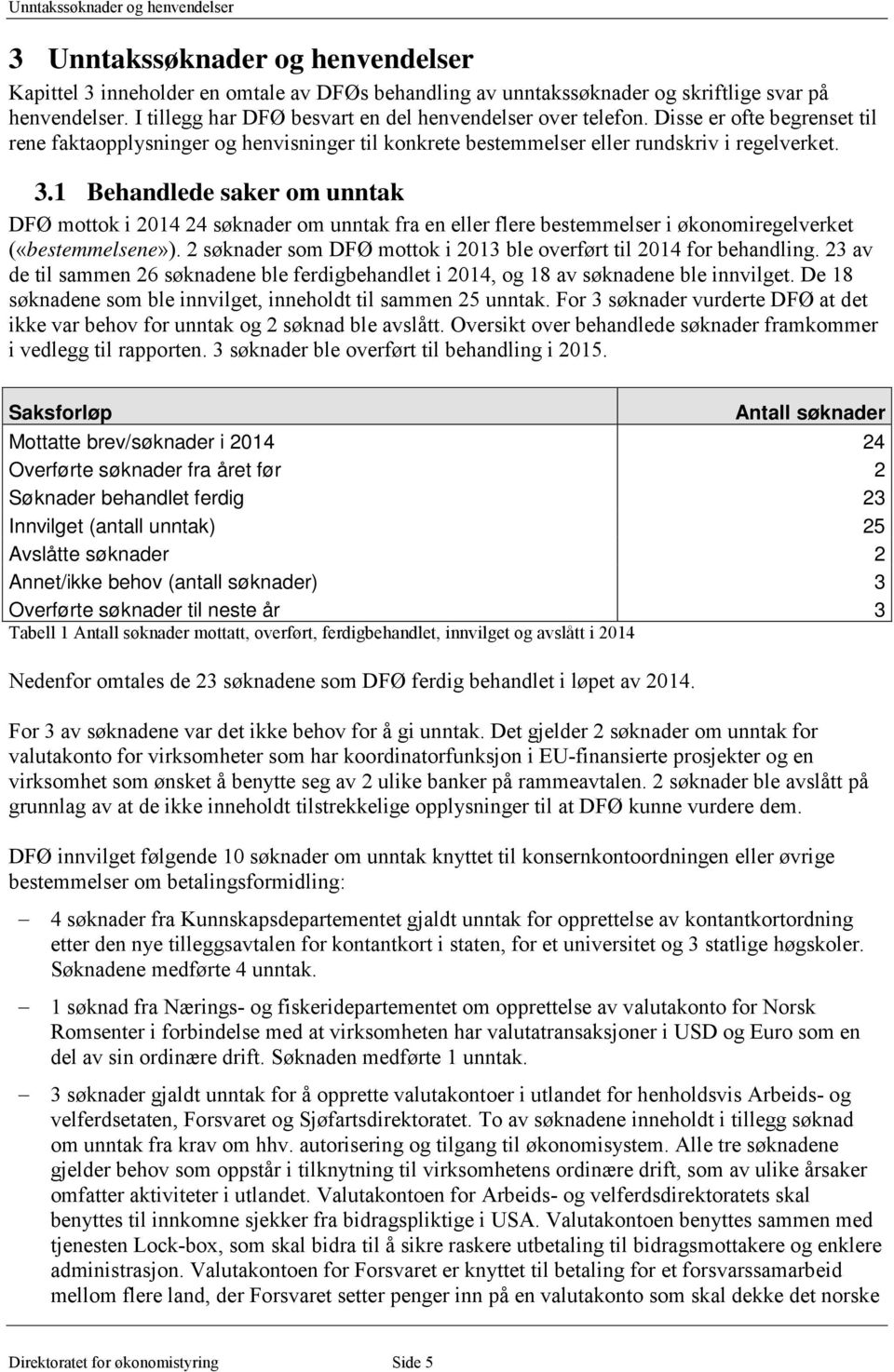 1 Behandlede saker om unntak DFØ mottok i 2014 24 søknader om unntak fra en eller flere bestemmelser i økonomiregelverket («bestemmelsene»).