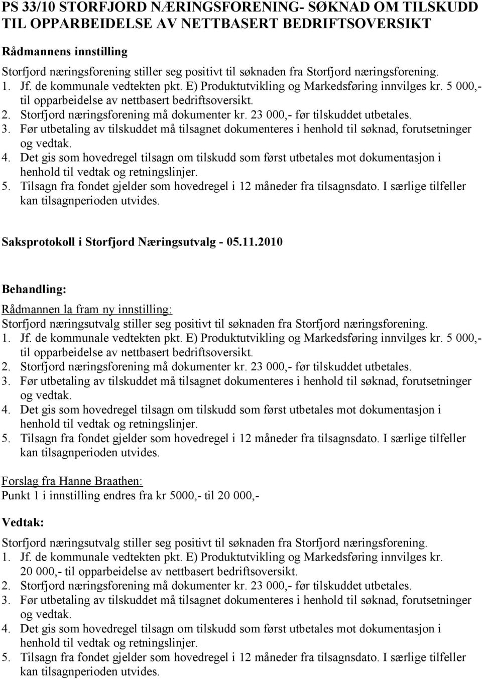 23 000,- før tilskuddet utbetales. 3. Før utbetaling av tilskuddet må tilsagnet dokumenteres i henhold til søknad, forutsetninger 4.