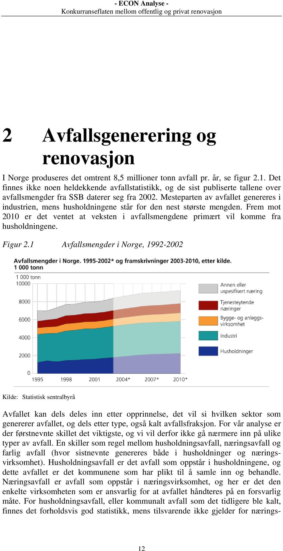 Mesteparten av avfallet genereres i industrien, mens husholdningene står for den nest største mengden. Frem mot 2010 er det ventet at veksten i avfallsmengdene primært vil komme fra husholdningene.