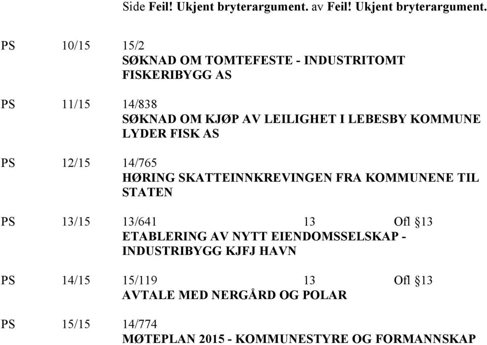 PS 10/15 15/2 SØKNAD OM TOMTEFESTE - INDUSTRITOMT FISKERIBYGG AS PS 11/15 14/838 SØKNAD OM KJØP AV LEILIGHET I LEBESBY