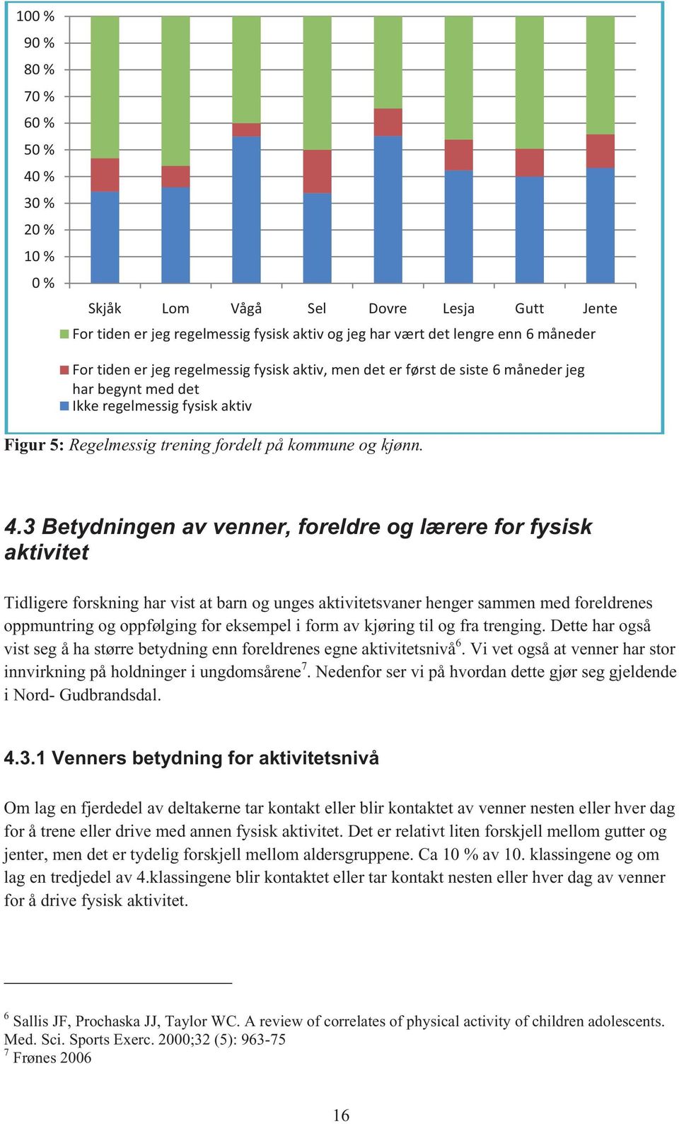 3 Betydningen av venner, foreldre og lærere for fysisk aktivitet Tidligere forskning har vist at barn og unges aktivitetsvaner henger sammen med foreldrenes oppmuntring og oppfølging for eksempel i