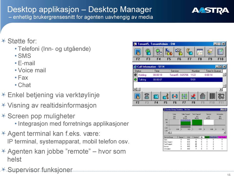 realtidsinformasjon " Screen pop muligheter Integrasjon med forretnings applikasjoner " Agent terminal kan f.eks.