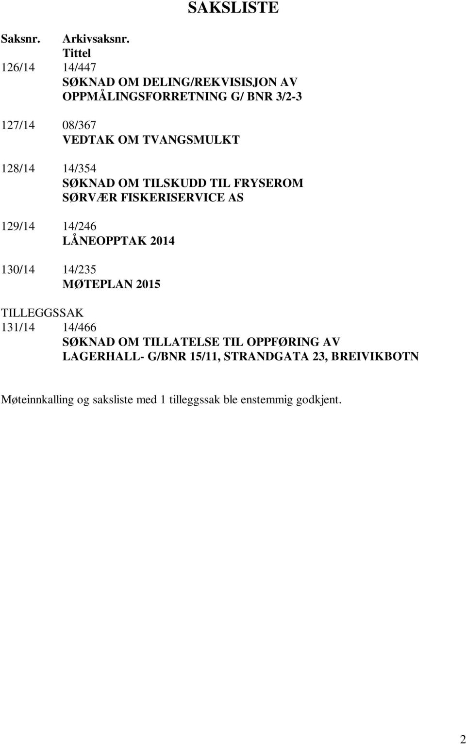 TVANGSMULKT 128/14 14/354 SØKNAD OM TILSKUDD TIL FRYSEROM SØRVÆR FISKERISERVICE AS 129/14 14/246 LÅNEOPPTAK 2014