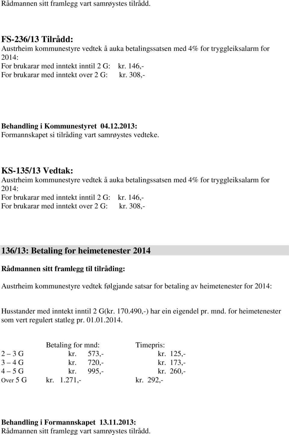 KS-135/13 Vedtak: Austrheim kommunestyre vedtek å auka betalingssatsen med 4% for tryggleiksalarm for 2014: For brukarar med inntekt inntil 2 G: kr. 146,- For brukarar med inntekt over 2 G: kr.