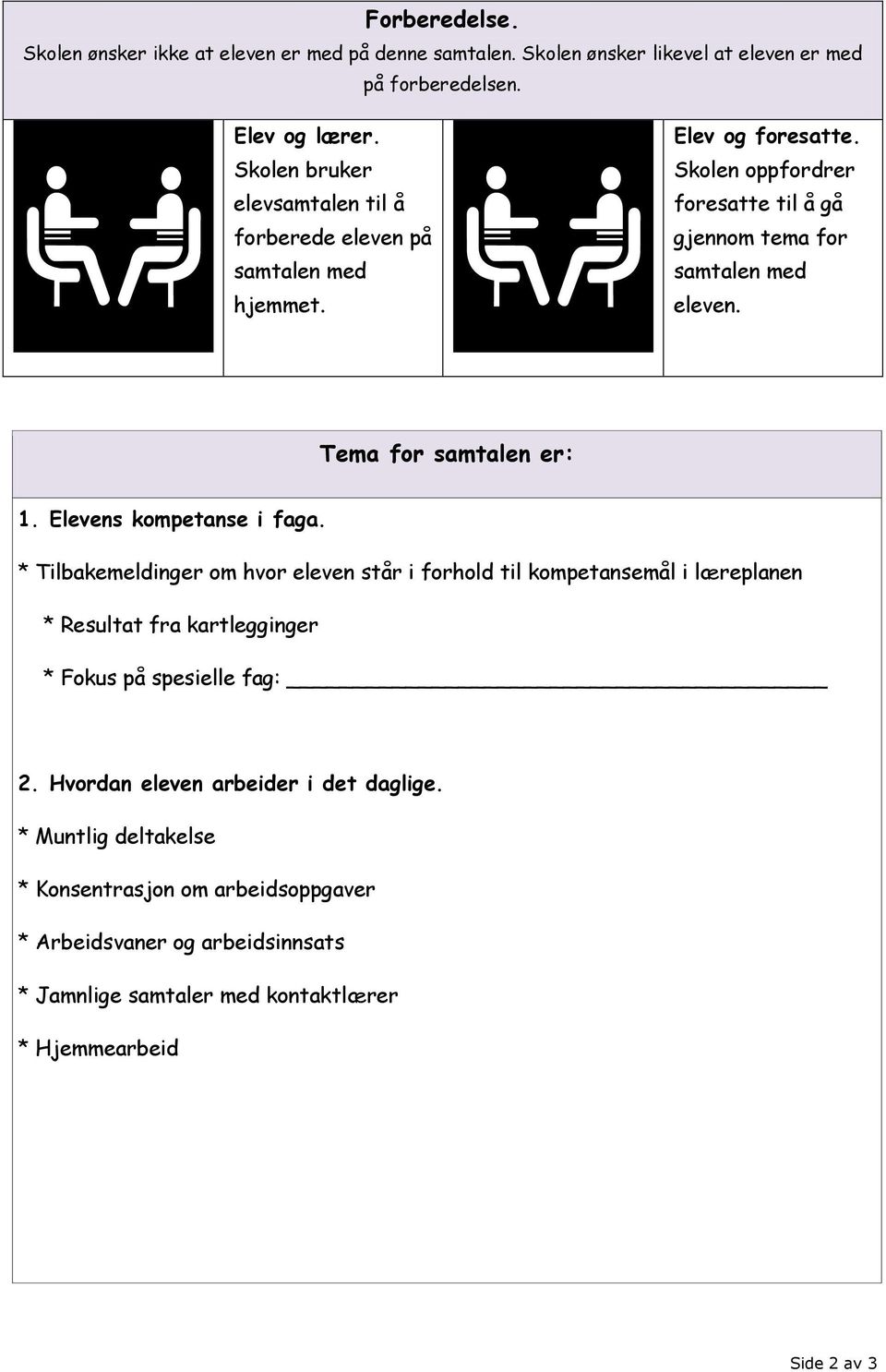 Tema for samtalen er: 1. Elevens kompetanse i faga.