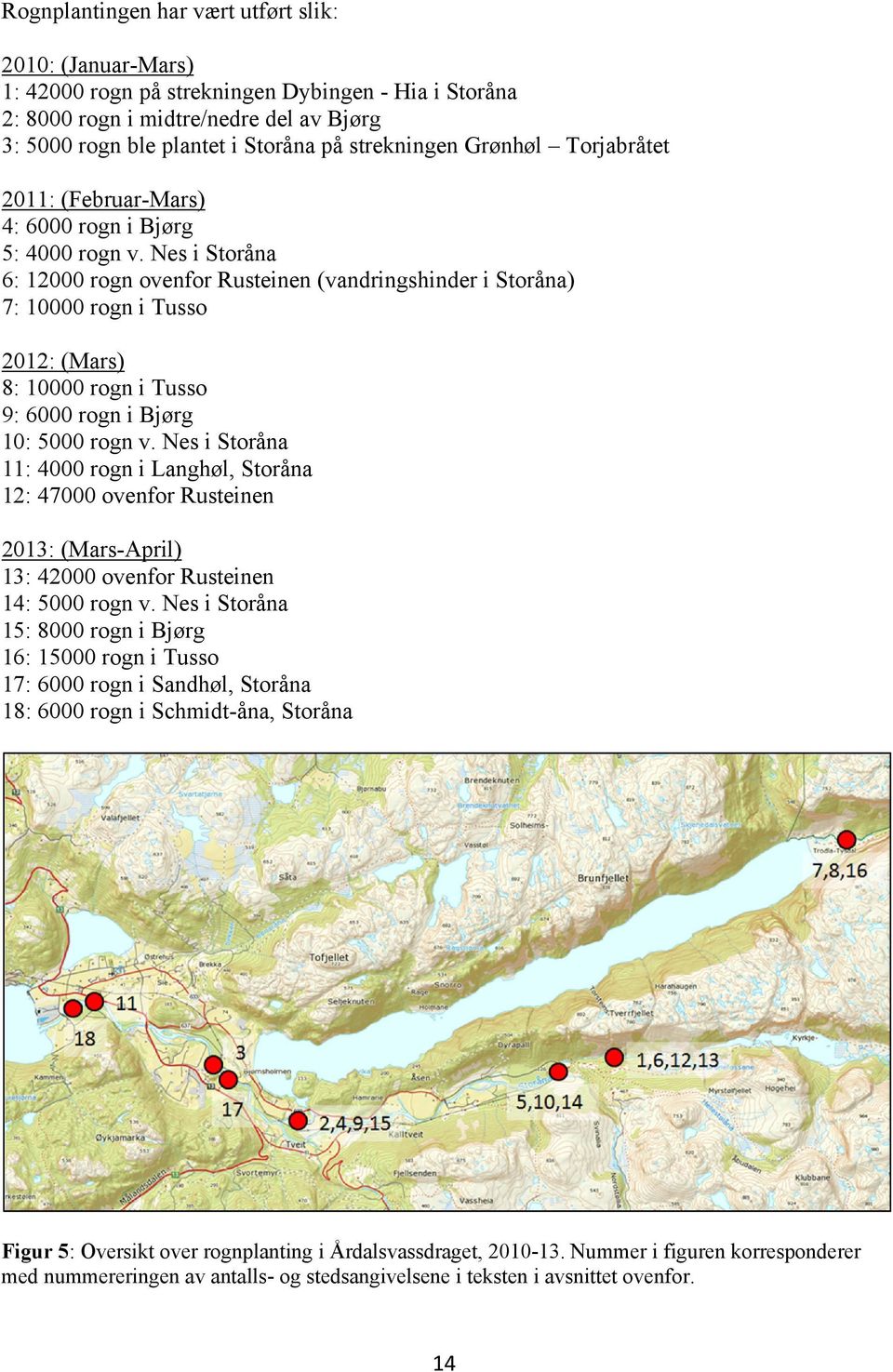 Nes i Storåna 6: 12000 rogn ovenfor Rusteinen (vandringshinder i Storåna) 7: 10000 rogn i Tusso 2012: (Mars) 8: 10000 rogn i Tusso 9: 6000 rogn i Bjørg 10: 5000 rogn v.