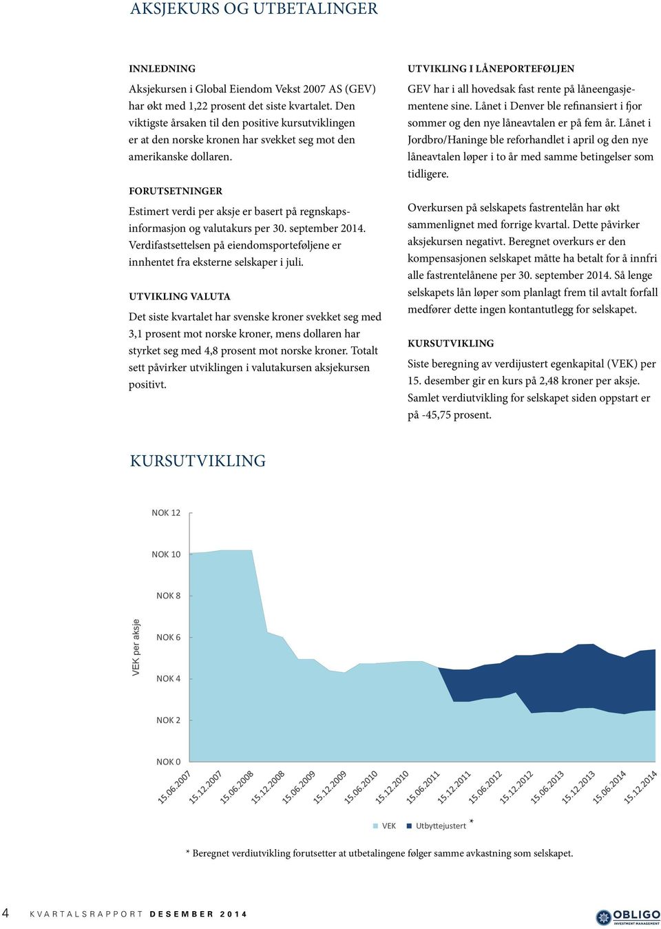 FORUTSETNINGER Estimert verdi per aksje er basert på regnskapsinformasjon og valutakurs per 30. september 2014. Verdifastsettelsen på eiendomsporteføljene er innhentet fra eksterne selskaper i juli.