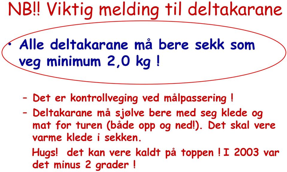 Deltakarane må sjølve bere med seg klede og mat for turen (både opp og ned!).