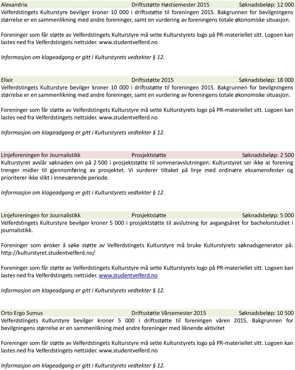 Elixir Driftsstøtte 2015 Søknadsbeløp: 18 000 Velferdstingets Kulturstyre bevilger kroner 10 000 i driftsstøtte til foreningen 2015.