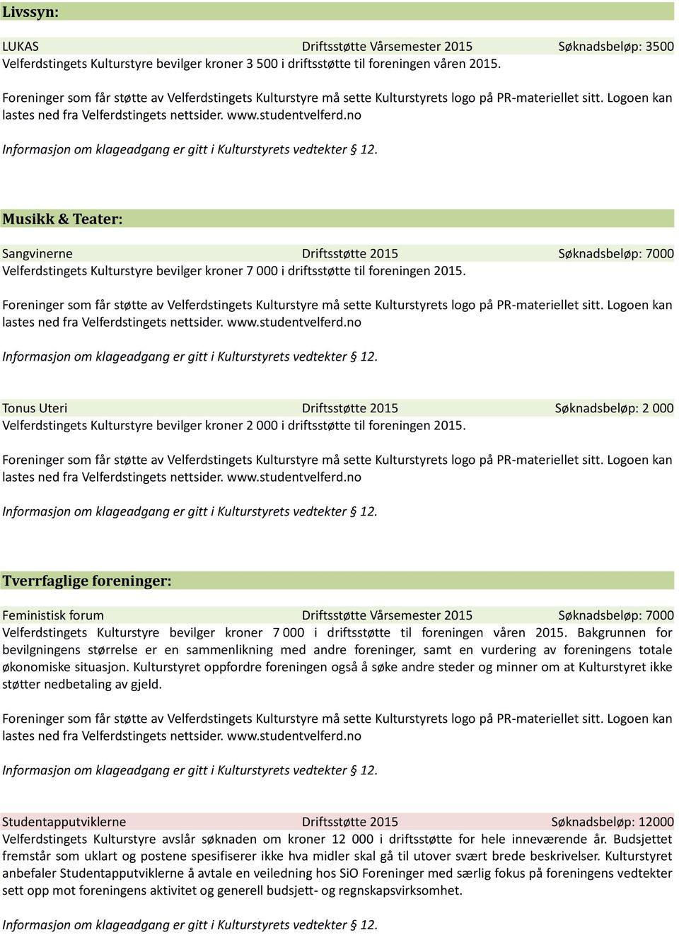 Tonus Uteri Driftsstøtte 2015 Søknadsbeløp: 2 000 Velferdstingets Kulturstyre bevilger kroner 2 000 i driftsstøtte til foreningen 2015.