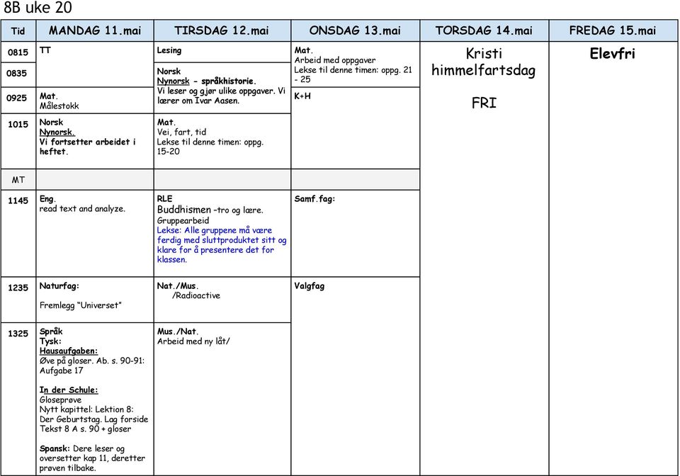 read text and analyze. Lekse: Alle gruppene må være ferdig med sluttproduktet sitt og klare for å presentere det for klassen. Samf.fag: 1235 Naturfag: Fremlegg Universet Nat./Mus.