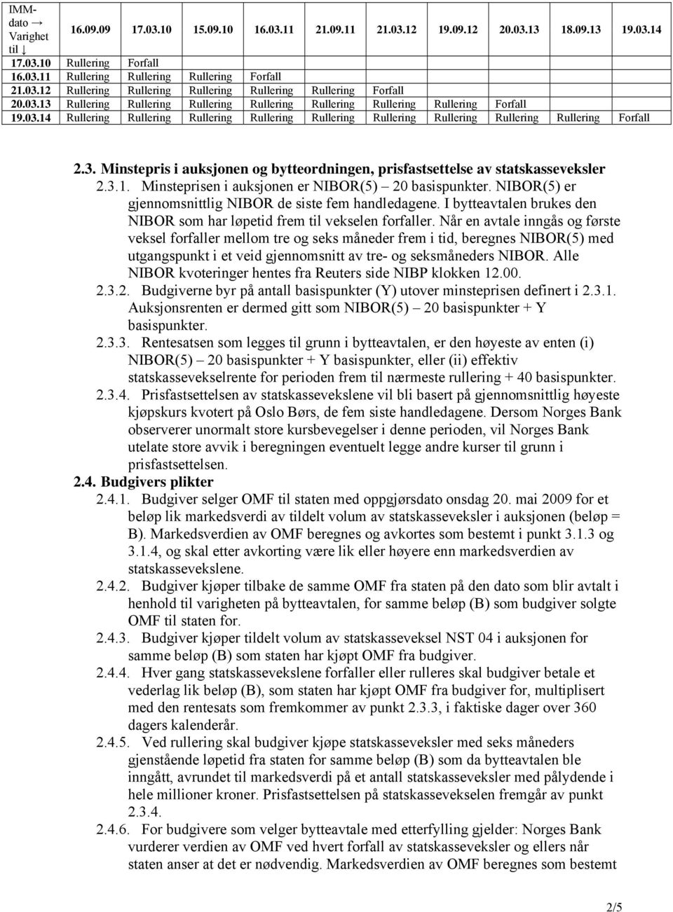 3.1. Minsteprisen i auksjonen er NIBOR(5) 20 basispunkter. NIBOR(5) er gjennomsnittlig NIBOR de siste fem handledagene. I bytteavtalen brukes den NIBOR som har løpetid frem til vekselen forfaller.