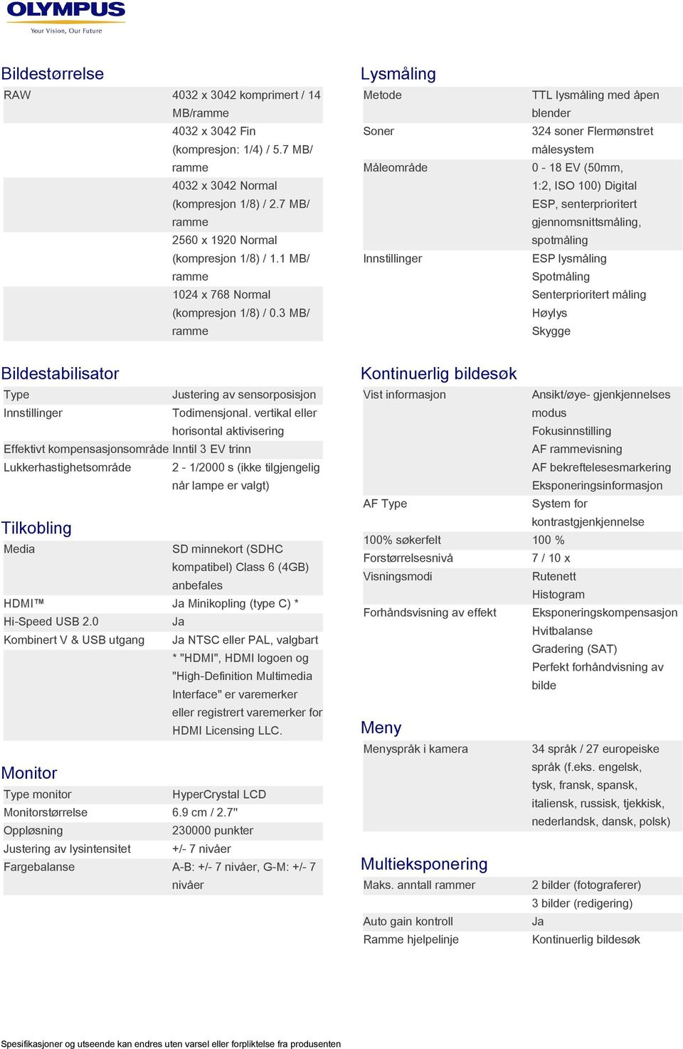 3 MB/ Lysmåling Metode Soner Måleområde TTL lysmåling med åpen blender 324 soner Flermønstret målesystem 0-18 EV (50mm, 1:2, ISO 100) Digital ESP, senterprioritert gjennomsnittsmåling, spotmåling ESP