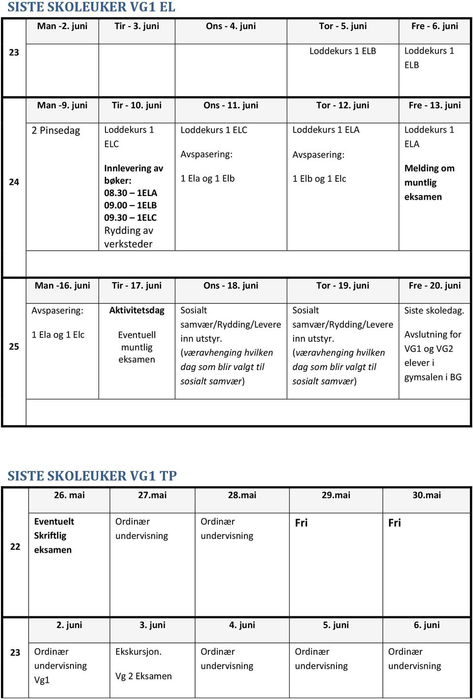 30 1ELC Rydding av verksteder Loddekurs 1 ELC : 1 Ela og 1 Elb Loddekurs 1 ELA : 1 Elb og 1 Elc Loddekurs 1 ELA Melding om muntlig Man -16. juni Tir - 17. juni Ons - 18. juni Tor - 19. juni Fre - 20.