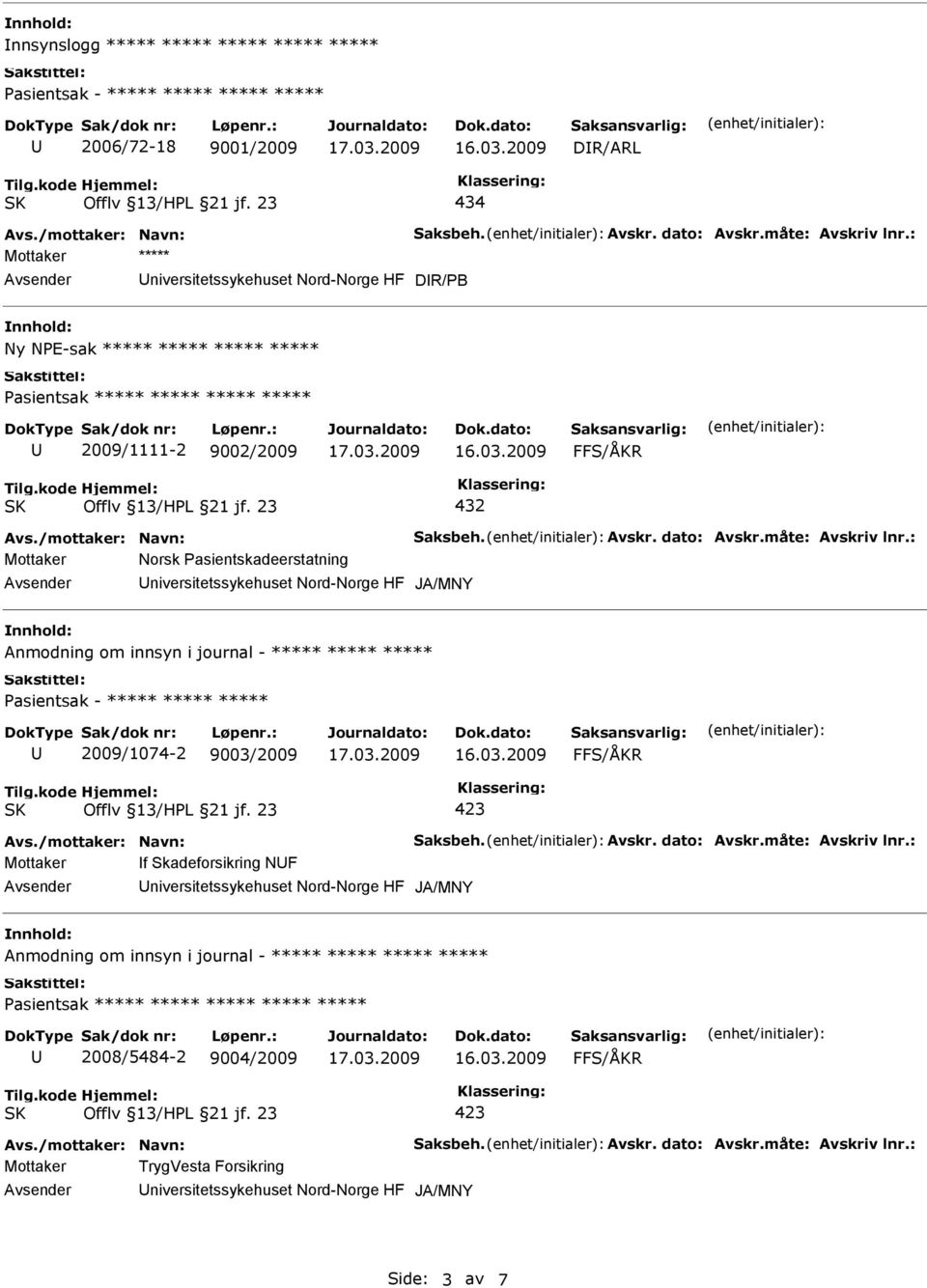 ***** ***** ***** Pasientsak - ***** ***** ***** 2009/1074-2 9003/2009 Mottaker f Skadeforsikring NF Anmodning