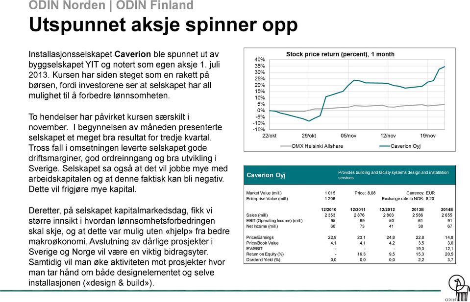 I begynnelsen av måneden presenterte selskapet et meget bra resultat for tredje kvartal. Tross fall i omsetningen leverte selskapet gode driftsmarginer, god ordreinngang og bra utvikling i Sverige.