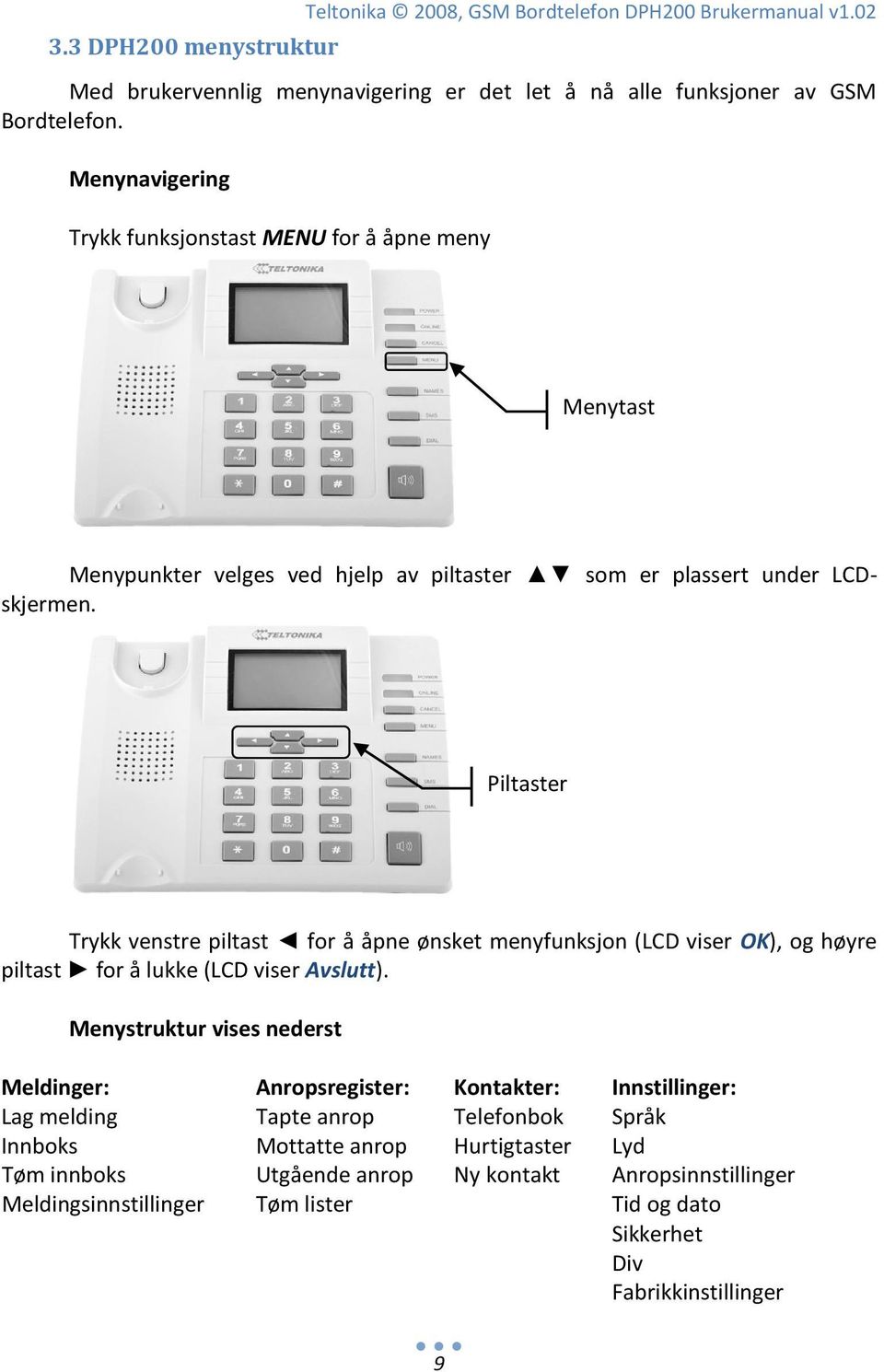 Piltaster Trykk venstre piltast for å åpne ønsket menyfunksjon (LCD viser OK), og høyre piltast for å lukke (LCD viser Avslutt).