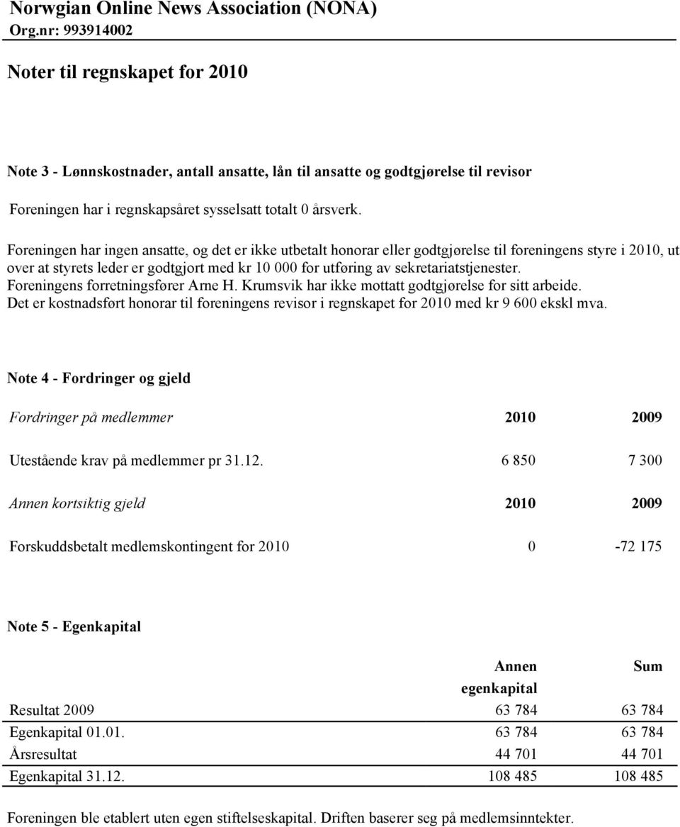 sekretariatstjenester. Foreningens forretningsfører Arne H. Krumsvik har ikke mottatt godtgjørelse for sitt arbeide.