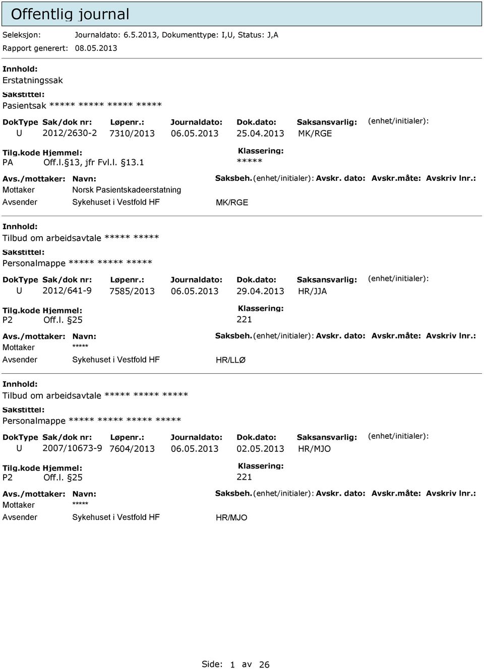 : Mottaker Norsk Pasientskadeerstatning MK/RGE Tilbud om arbeidsavtale Personalmappe 2012/641-9 7585/2013 29.04.2013 Avs./mottaker: Navn: Saksbeh.